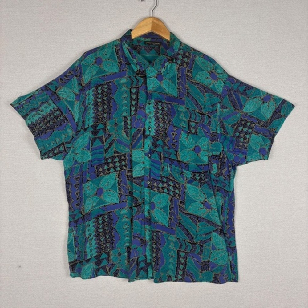 Vtg Tony Lambert Button Up Mens L Rayon Art Nuevo Modernist Hawaiian Made in USA
